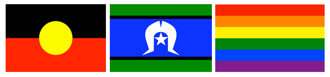 Aboriginal, Torres Strait and LGBTQ+ flags
